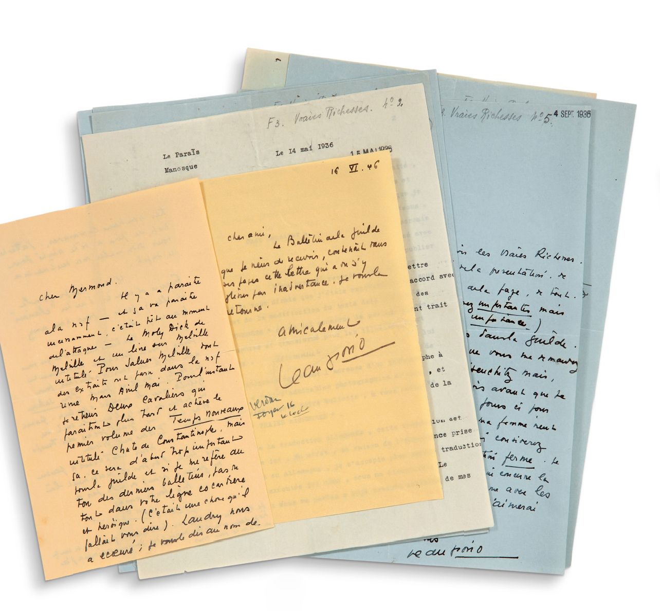 GIONO Jean (1895-1970) 八封签名信和一封签名信，来自Jean
GIONO，给出版商Albert MERMOUD，1936-1937-194&hellip;