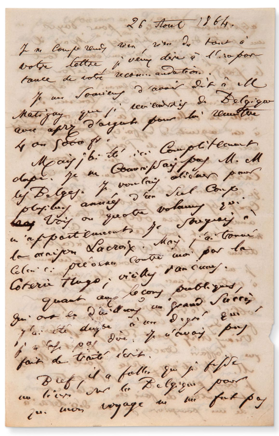 BAUDELAIRE Charles (1821-1867) Autograph letter signed to Antoine [ARONDEL], Bru&hellip;