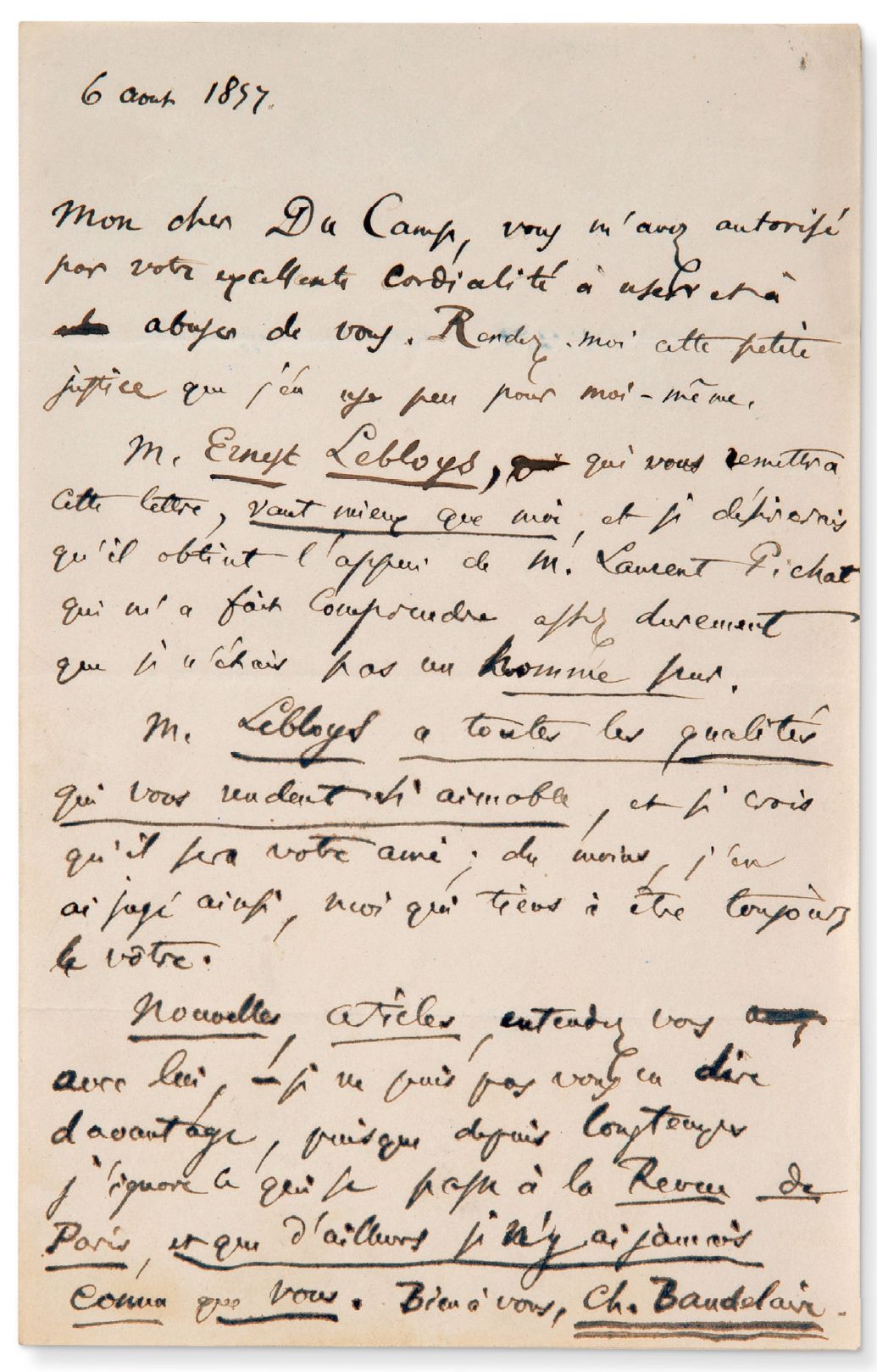 BAUDELAIRE Charles (1821-1867) 签署给马克西姆-杜-坎普的亲笔信，S.L.，1857年8月6日，1页，1个双页，8开本，有轻微的折&hellip;
