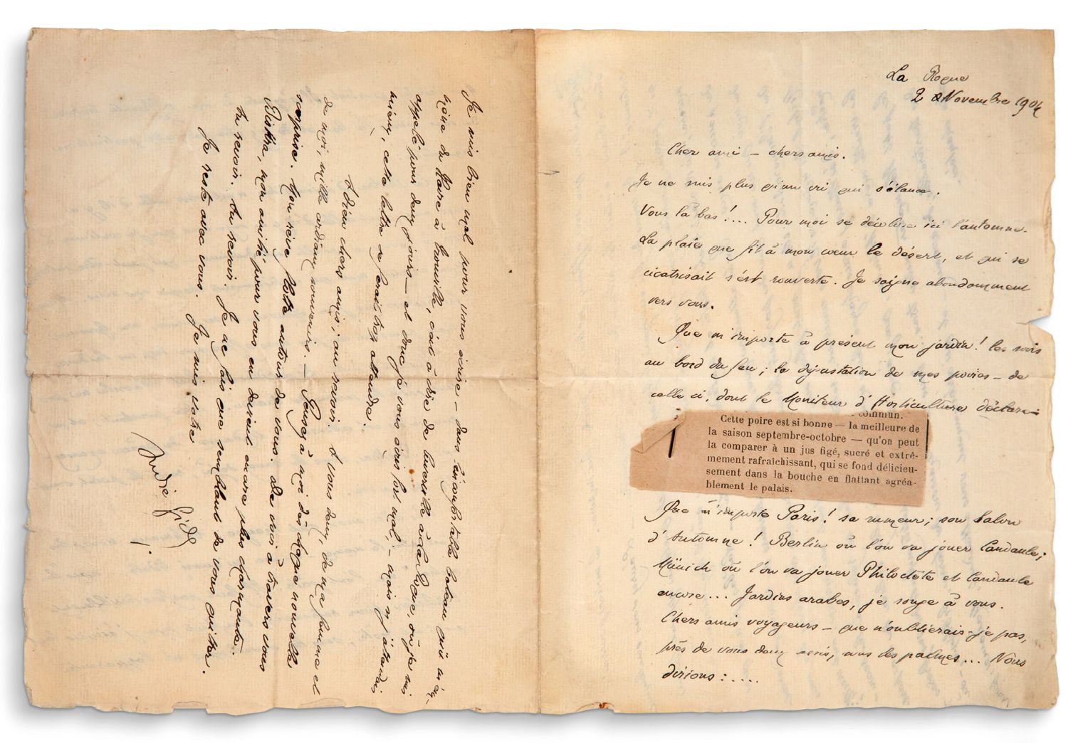 GIDE André (1869-1951) 签署给朋友的亲笔信，日期为1904年11月2日拉罗克；4页内页为墨水，信封保存。
关于回忆比斯克拉的抒情信。他的朋&hellip;