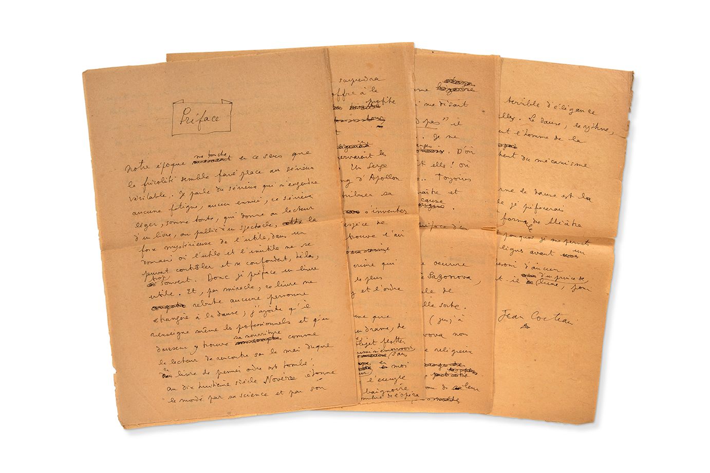COCTEAU Jean (1889-1963) 朱莉-萨佐诺娃的书的序言，签名为
Jean Cocteau，[1937]；5页大的对开页，在水磨纸上，放在Se&hellip;