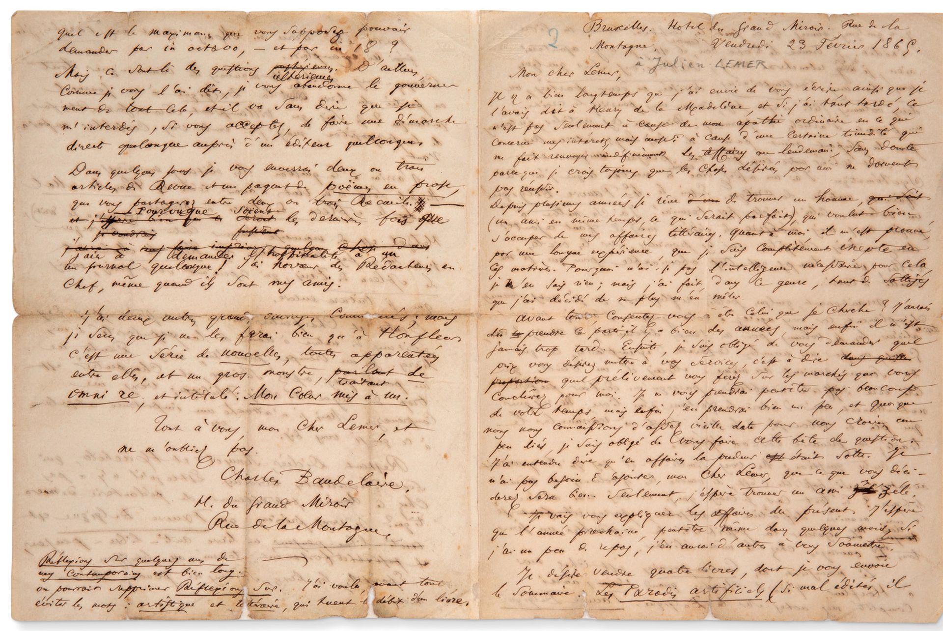 BAUDELAIRE Charles (1821-1867) Eigenhändiger Brief an Julien LEMER. Brüssel, Fre&hellip;