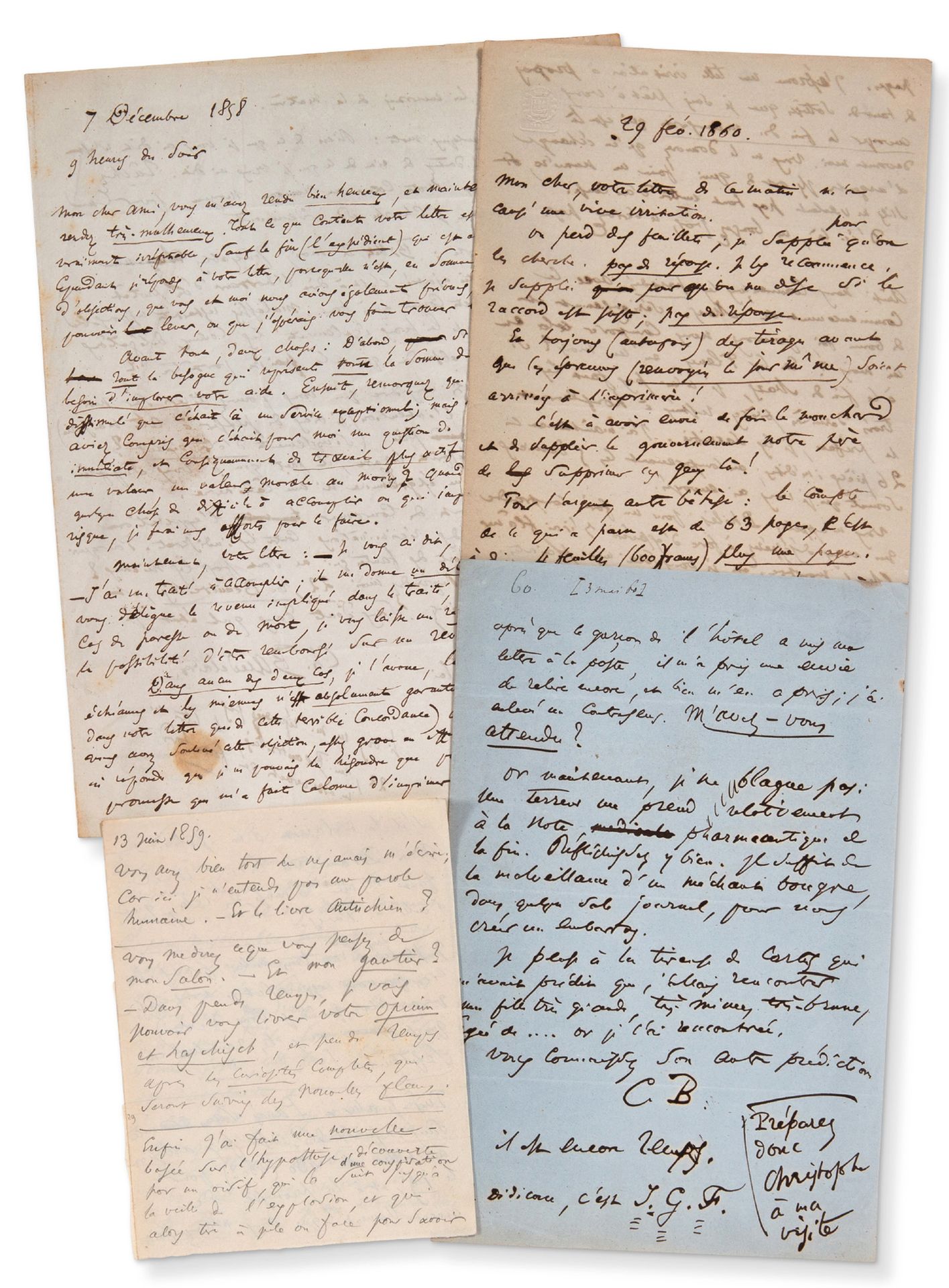 BAUDELAIRE Charles (1821-1867) 签署给POULET-MALASSIS的4封亲笔信套装。
签署给Auguste POULET-MAL&hellip;
