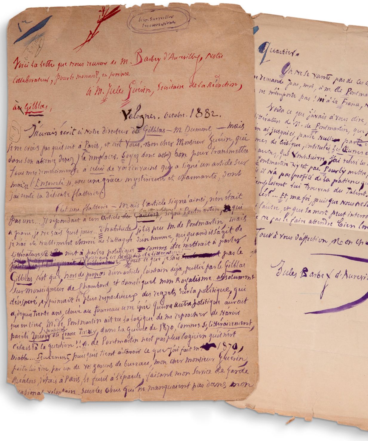 BARBEY D'AUREVILLY JULES (1808-1889) 签署给Jules GUÉRIN的亲笔信，Valognes，
1890年10月；2页，4&hellip;