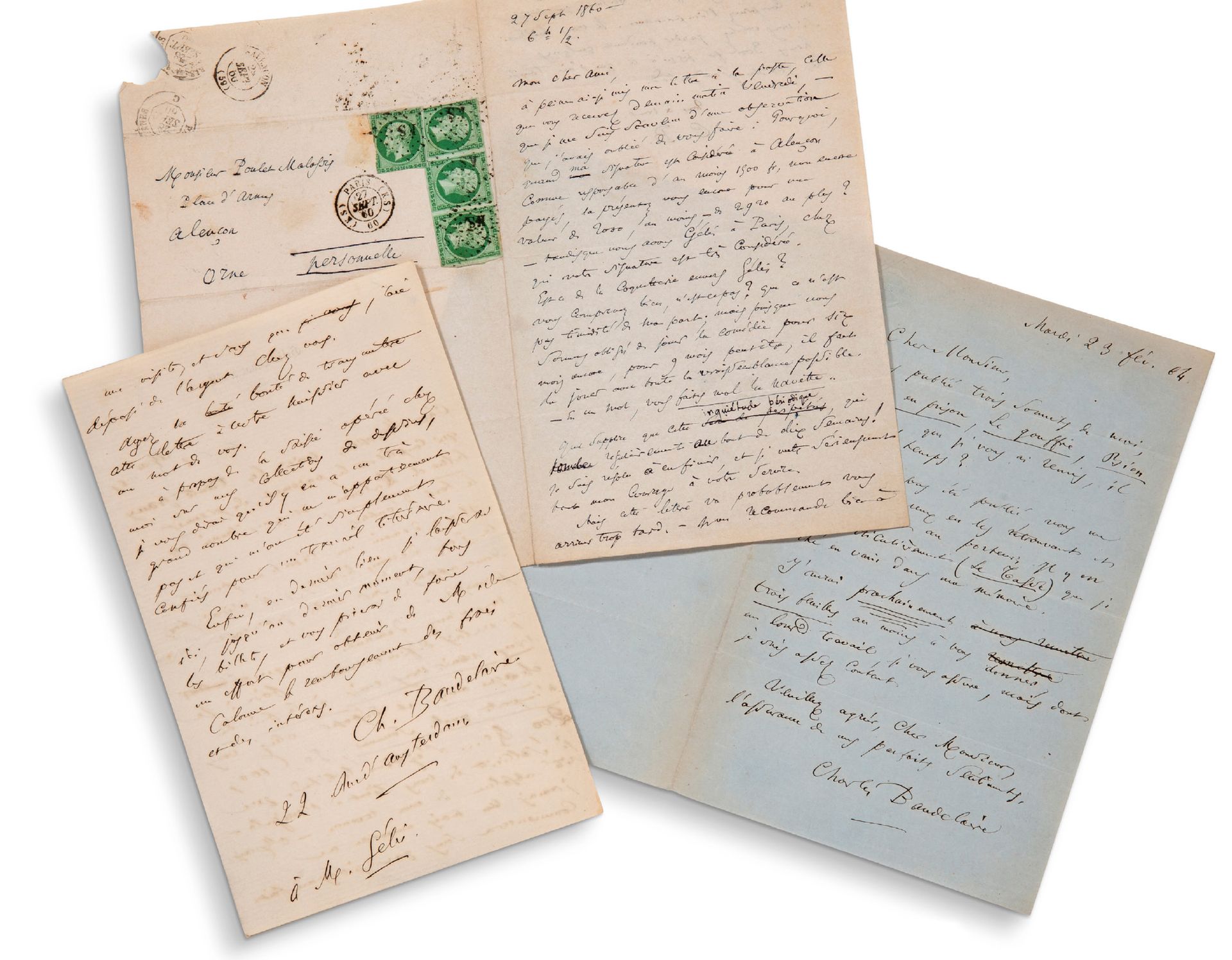 BAUDELAIRE Charles (1821-1867) 一套3封查尔斯-波德莱尔签名的亲笔信。
签署给奥古斯特-普勒-马拉西的亲笔信，日期为1860年9月&hellip;