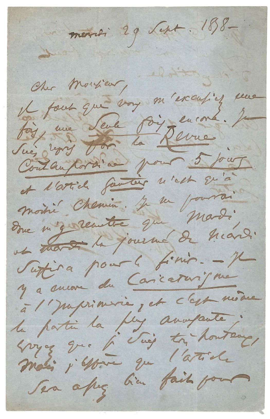 BAUDELAIRE Charles (1821-1867) 签署给印刷商BONAVENTURE的亲笔信。巴黎，1858年9月29日，2页，8开，蓝纸黑墨，另一&hellip;