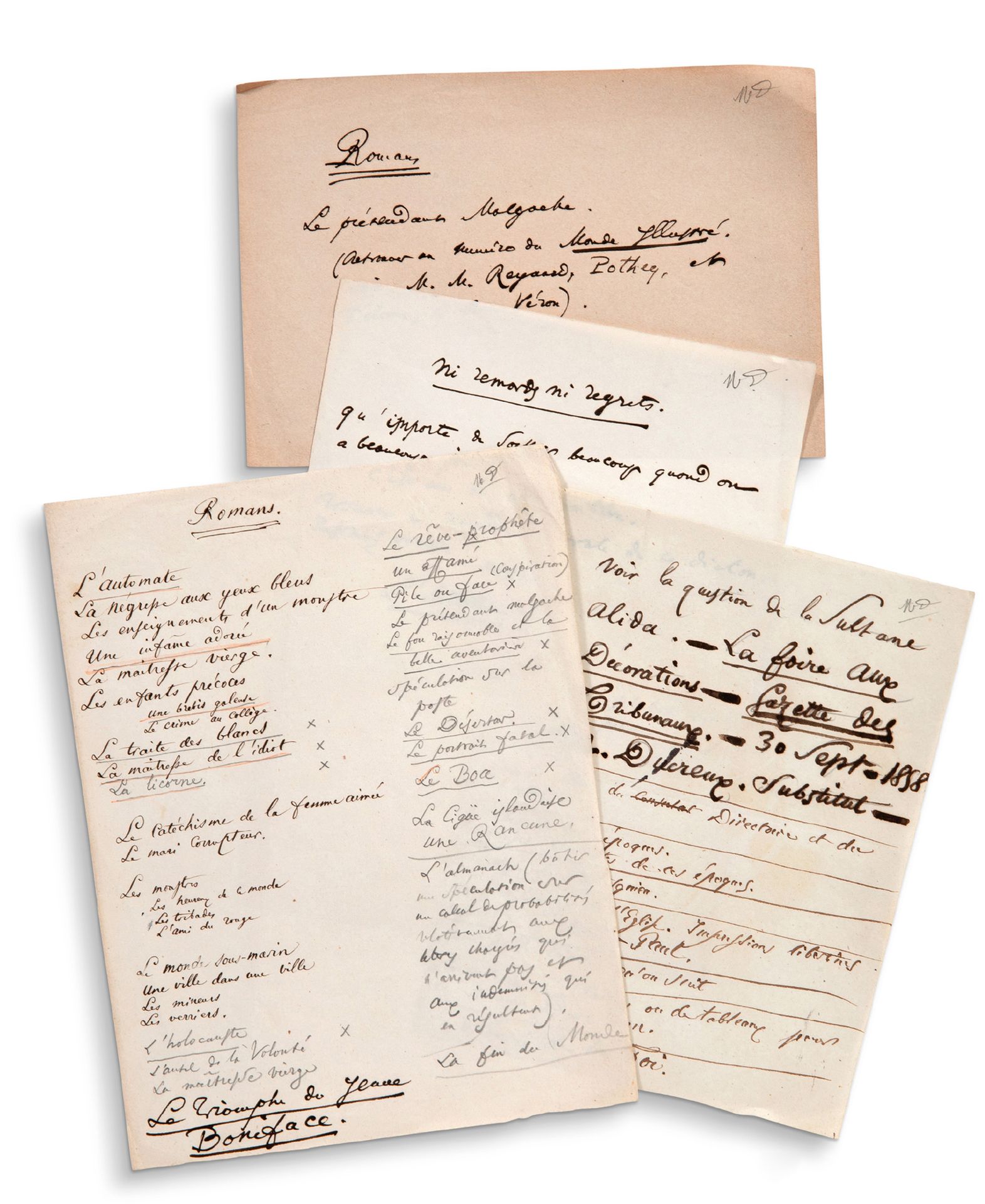 BAUDELAIRE Charles (1821-1867) 4张亲笔签名的笔记和小说清单。
4页4开和8开的墨水和铅笔。
"一个人享受了很多，吃很多苦又有什么&hellip;