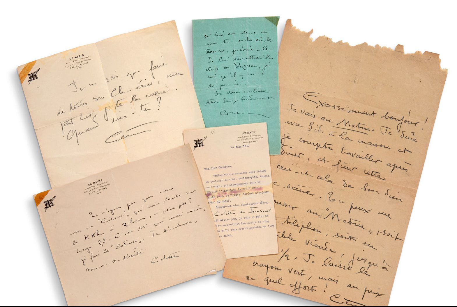 COLETTE SIDONIE GABRIELLE (1873-1954) 约1922年在巴黎写给Léopold MARCHAND的四封亲笔信。5页，形式各异。&hellip;
