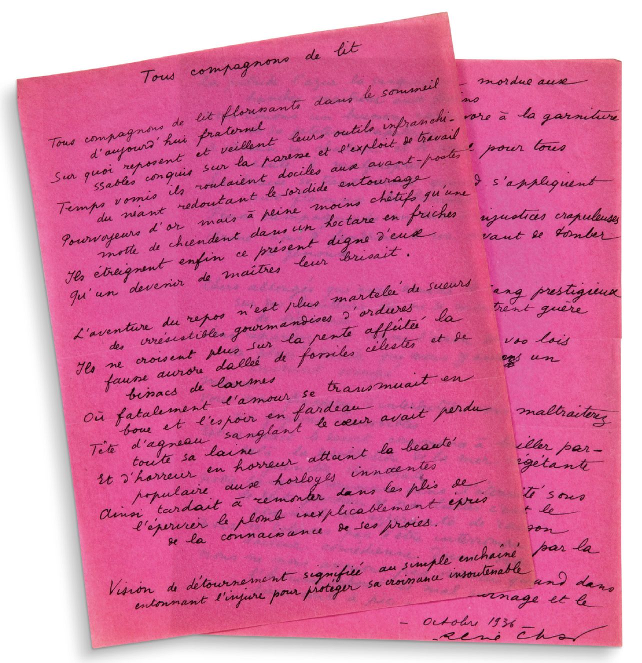 CHAR RENÉ (1907-1988) Todos los compañeros de cama, poema autógrafo firmado, oct&hellip;