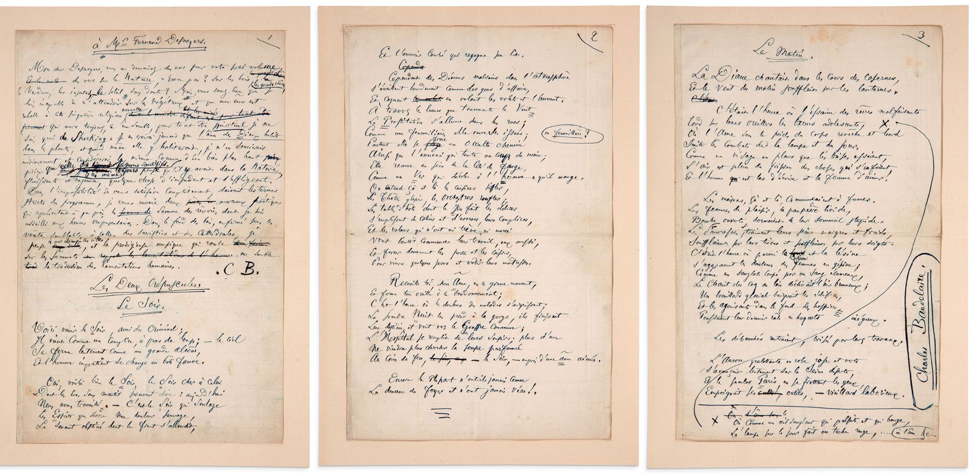BAUDELAIRE Charles (1821-1867) 签署给费尔南-德斯诺耶斯的亲笔信，随后是两首诗《LES DEUX CRÉPUSCULES / LE&hellip;