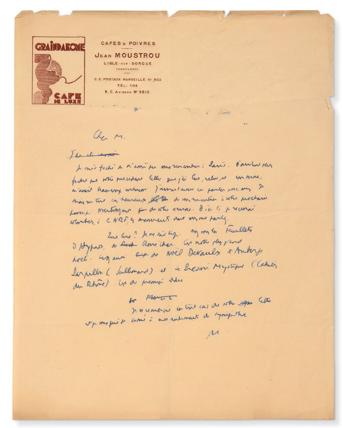 CAMUS Albert (1913-1960) 签名信（分钟），[约1948年]；1页in-4，Graindarome Cafés & Poivres Jea&hellip;