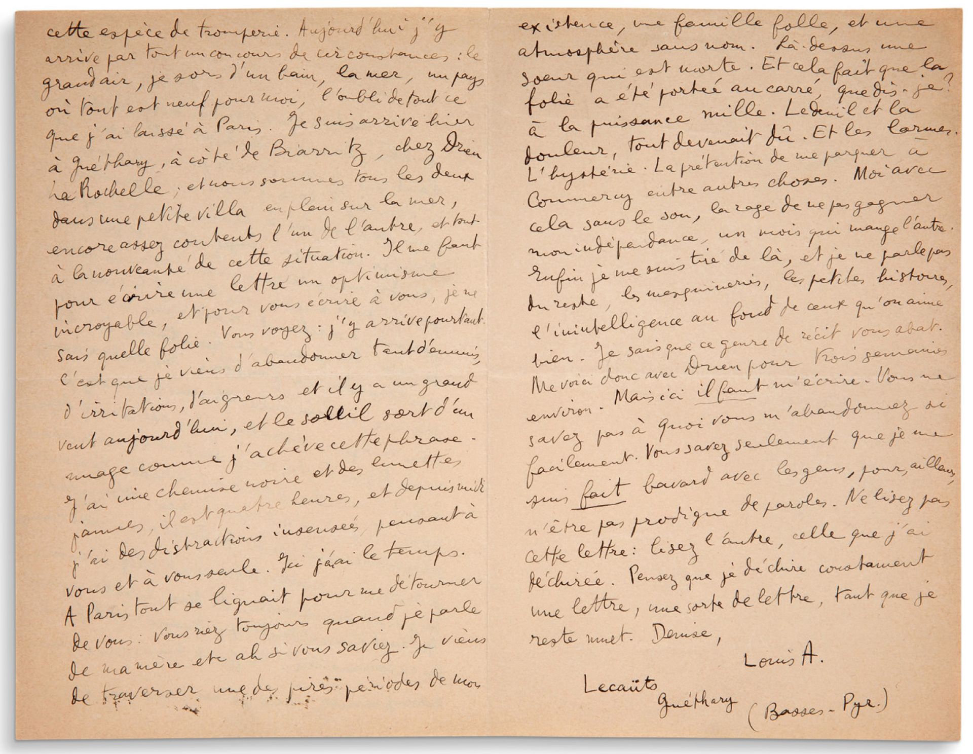 ARAGON Louis (1897-1982) 路易斯-阿拉贡给丹尼斯[NAVILLE]的签名亲笔信；约1923年，3页，8页，墨水书写。
"是的，我是这个在&hellip;