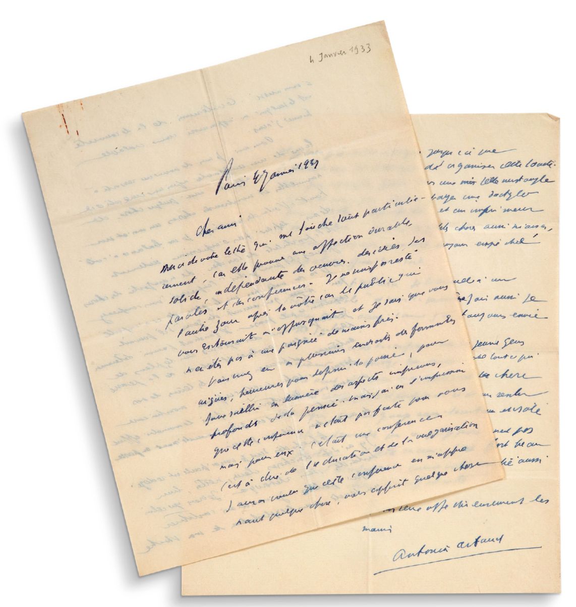 ARTAUD ANTONIN (1896-1948) 安东尼-阿尔托签署的致安德烈-罗兰-德-雷尼维尔的亲笔信，日期为1933年1月4日，3页中4页。
关于罗兰&hellip;