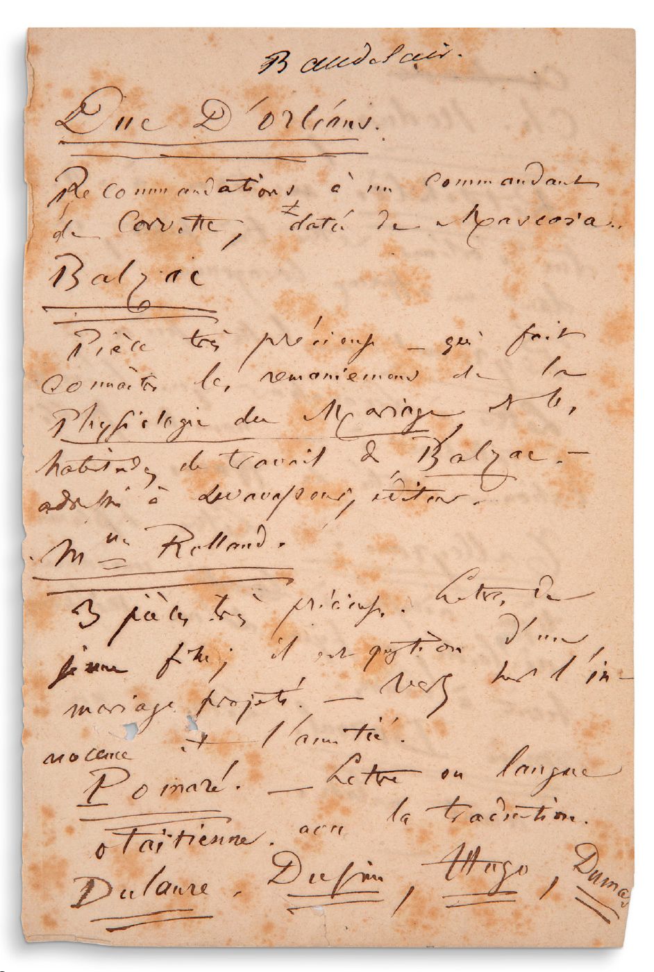 BAUDELAIRE Charles (1821-1867) Manuscrit autographe 2 pages in-8 à l'encre, rous&hellip;