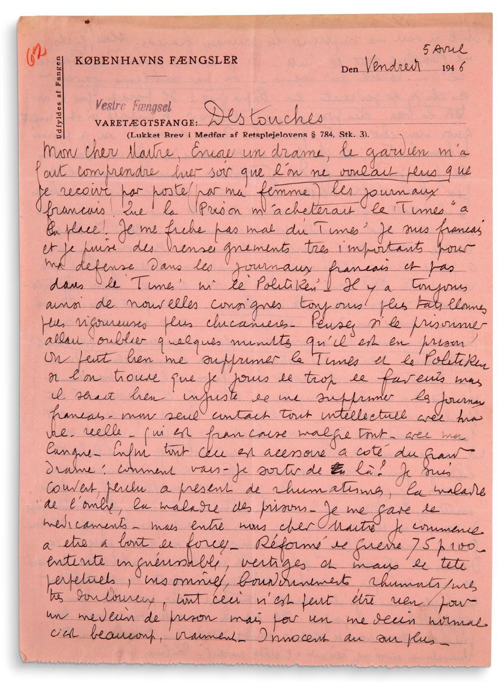 CELINE LOUIS-FERDINAND (1894-1961) Lettre autographe signée «Destouches», [Priso&hellip;