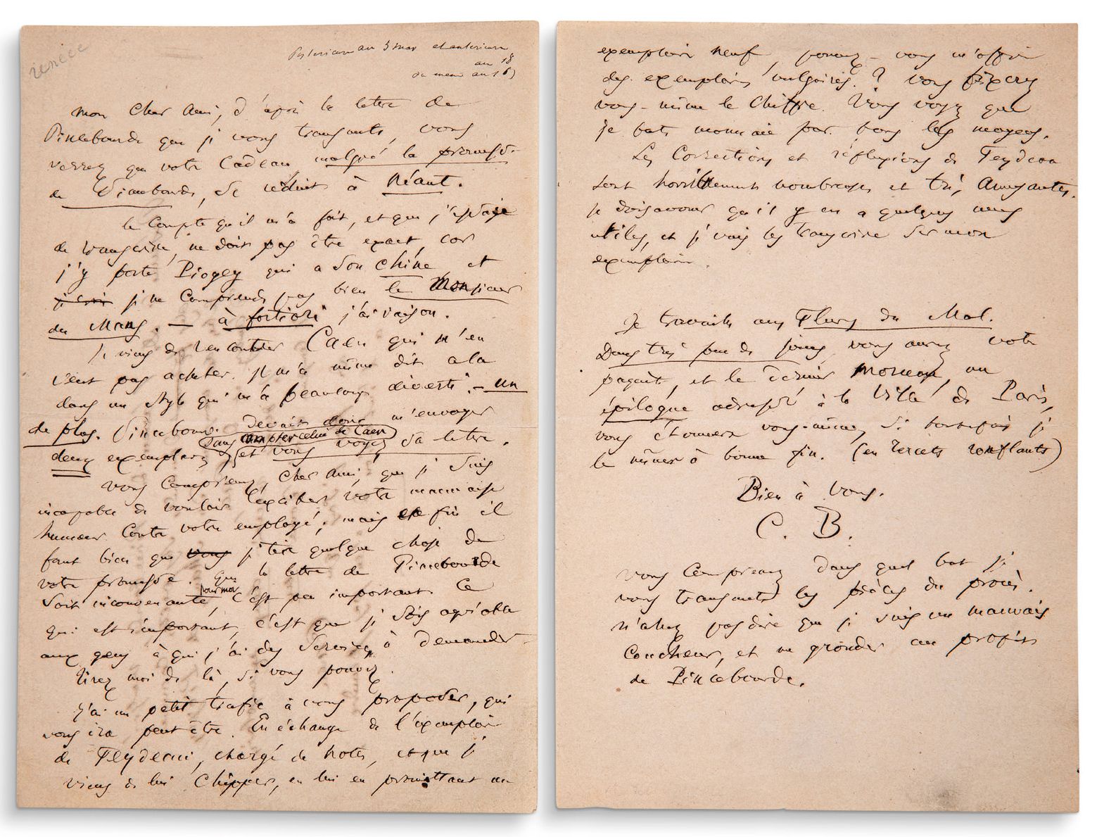 BAUDELAIRE Charles (1821-1867) 签署给奥古斯特-POULET-MALASSIS的亲笔信，无日期[ 1860年7月]。4页8开(20&hellip;
