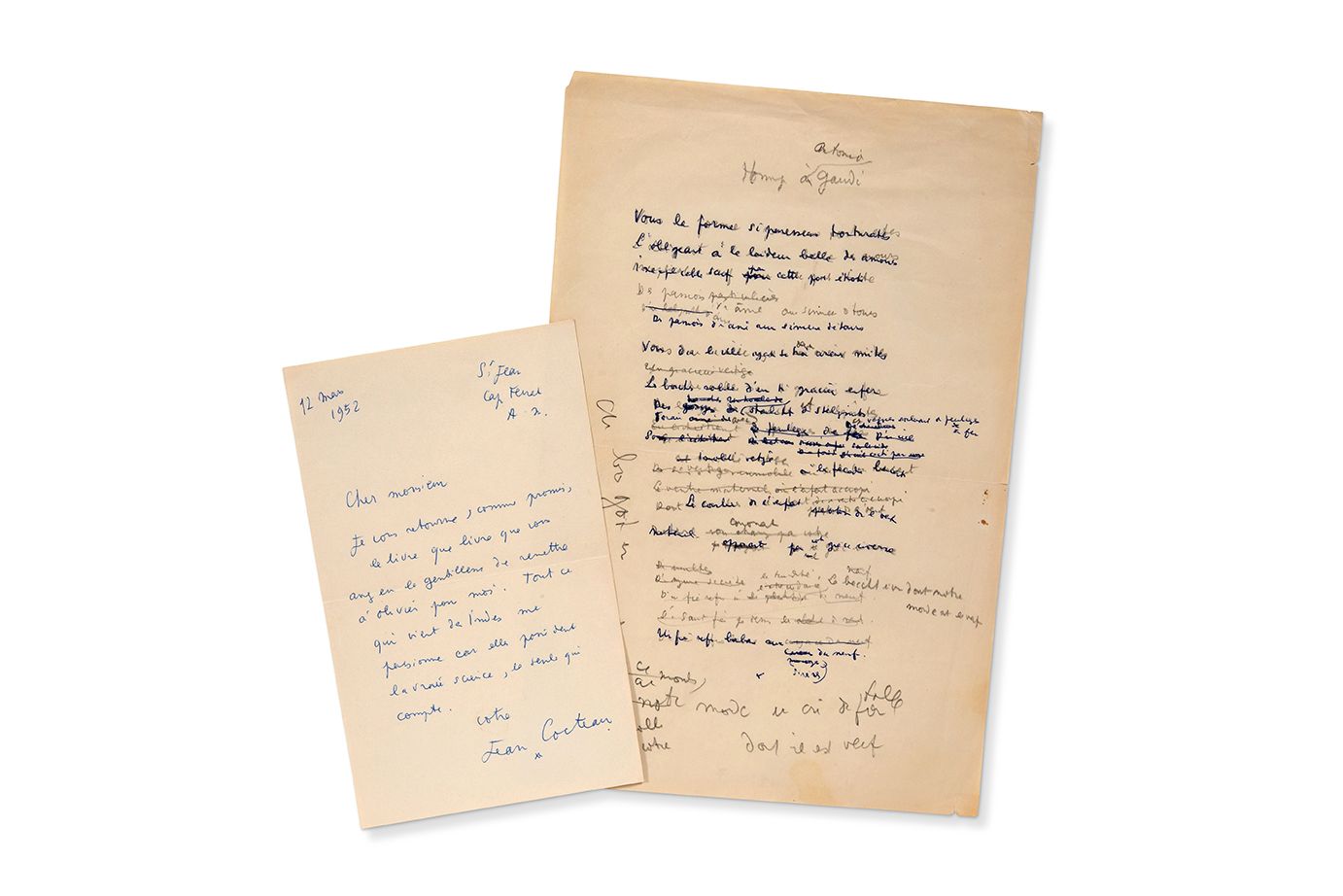 COCTEAU Jean (1889-1963) 向安东尼奥-高迪致敬，亲笔写的诗，[1953]；1页对开页。还有1封署名的亲笔信。
这首诗的初稿和工作稿。
手&hellip;