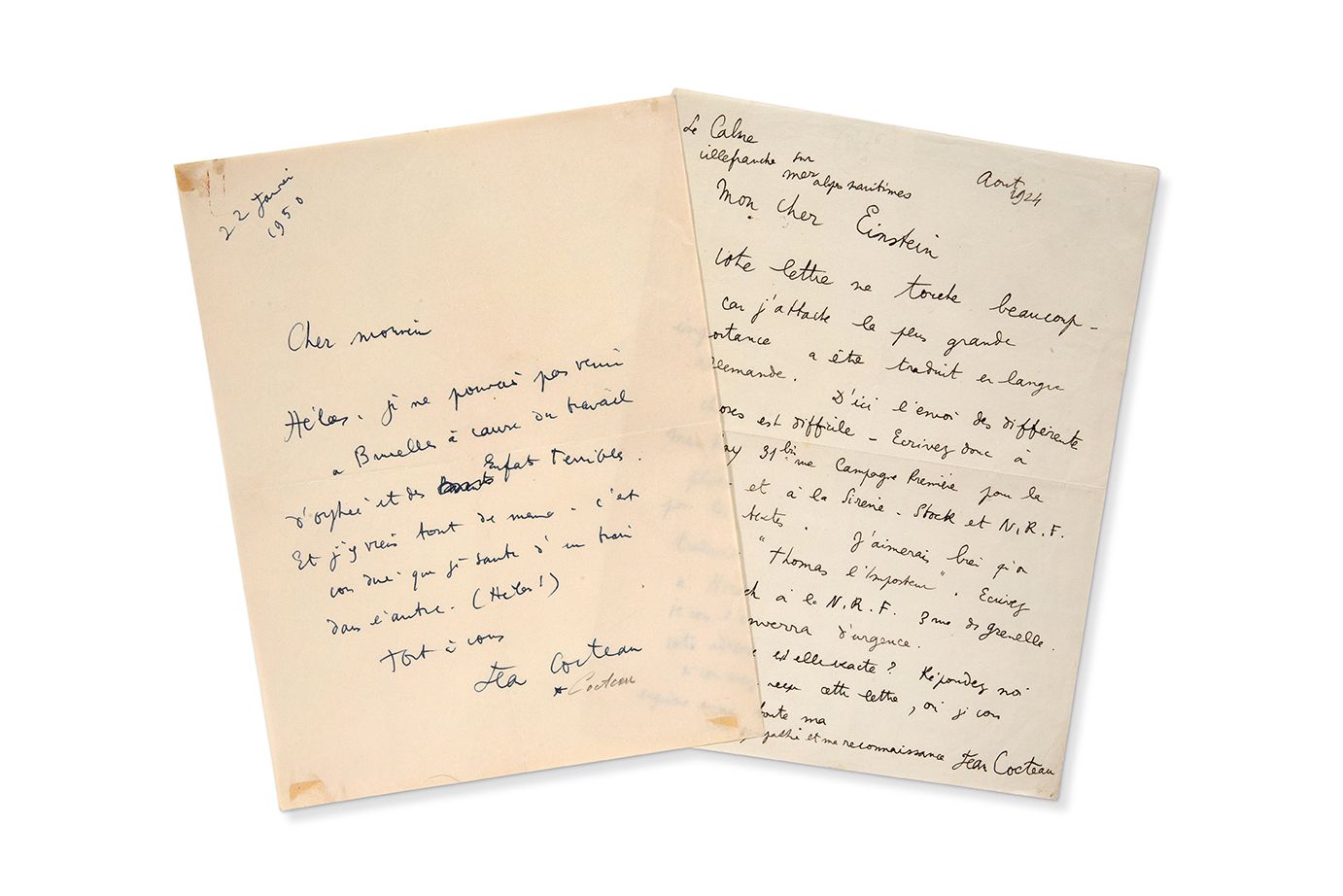COCTEAU Jean (1889-1963) 署名为 "Jean Cocteau "的亲笔信，1924年8月在Villefranche-sur-Mer写给C&hellip;