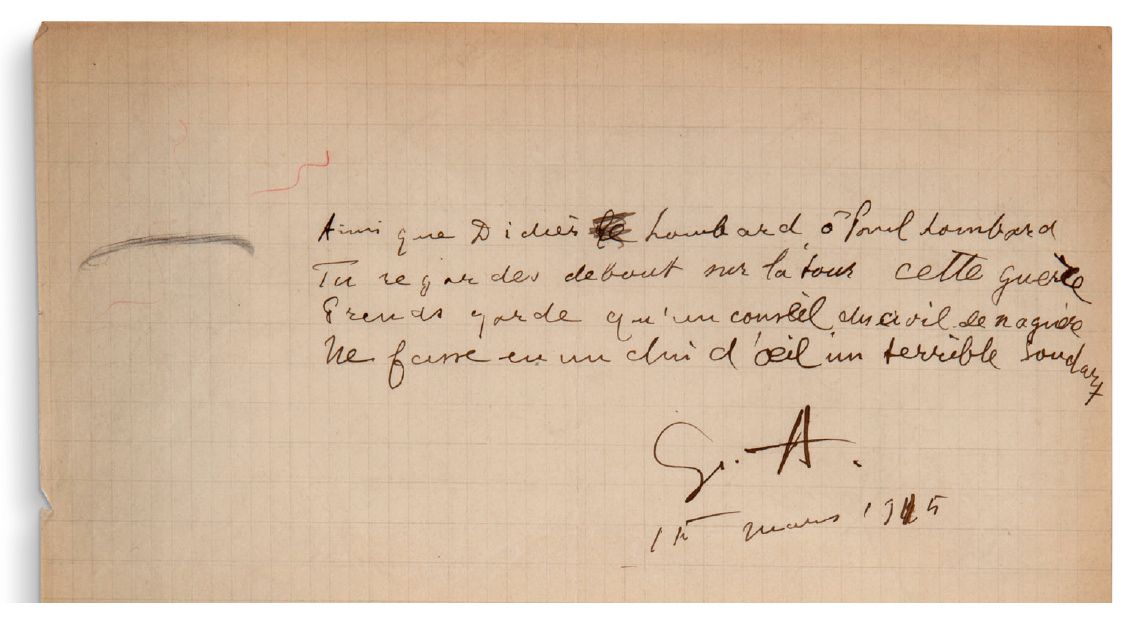 APOLLINAIRE Guillaume (1880-1918) 签名为 "G.A "的亲笔四行诗，日期为 "1915年3月15日"；4首亚历山大诗，用棕色墨&hellip;