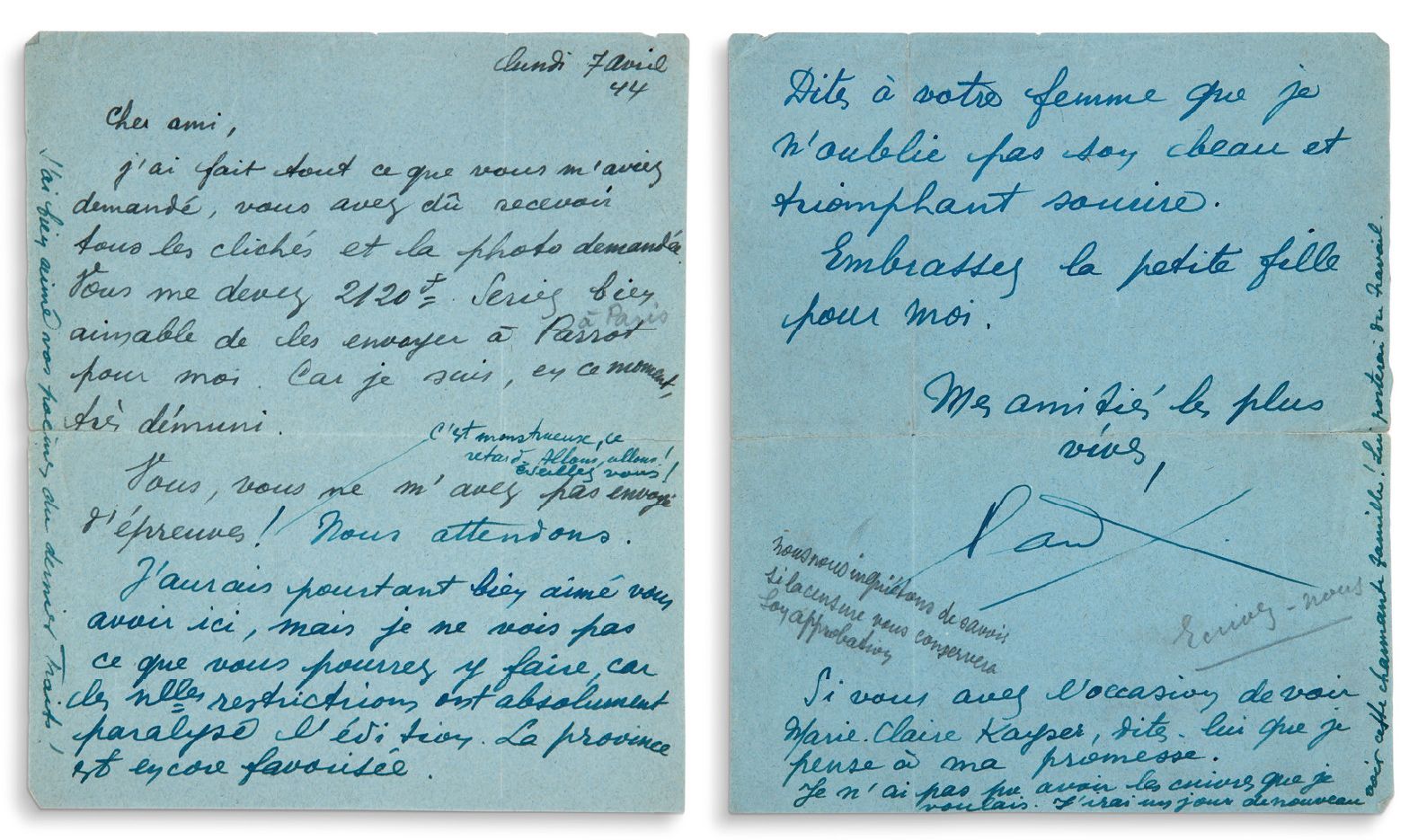 ELUARD Paul (1895-1952) 签署给Pierre SEGHERS的亲笔信，2页in-8；在绿纸上；1944年4月7日。
"...你必须已经收到&hellip;