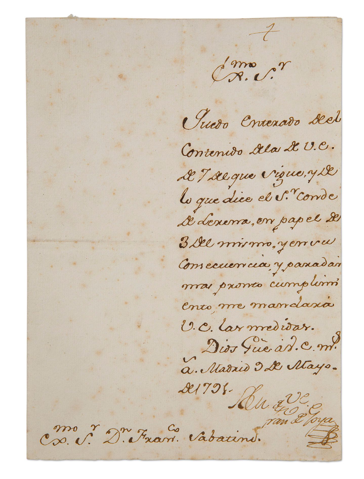 GOYA Francisco de (1746-1828). L.S. Avec compliment autographe «Blm de VE Fran° &hellip;