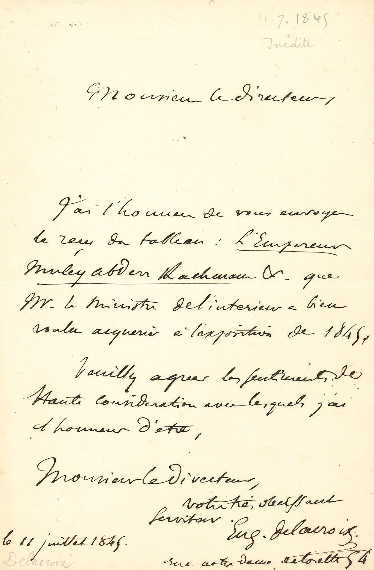 DELACROIX Eugène (1798-1863). L.A.S. «Eug. Delacroix», 11 juillet 1845, à un dir&hellip;