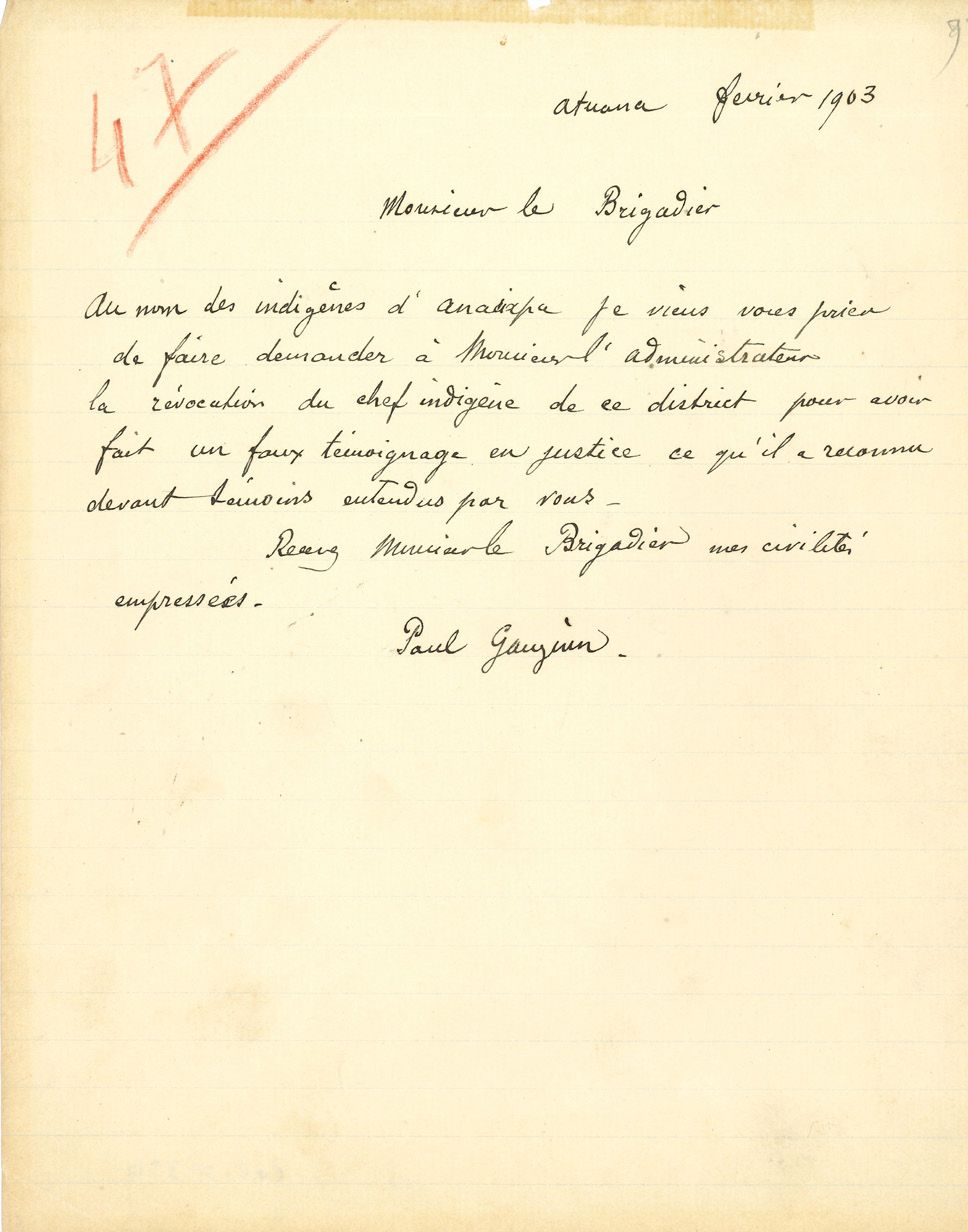 GAUGUIN PAUL (1848-1903). L.A.S «Paul Gauguin», Atuana février 1903, au brigadie&hellip;