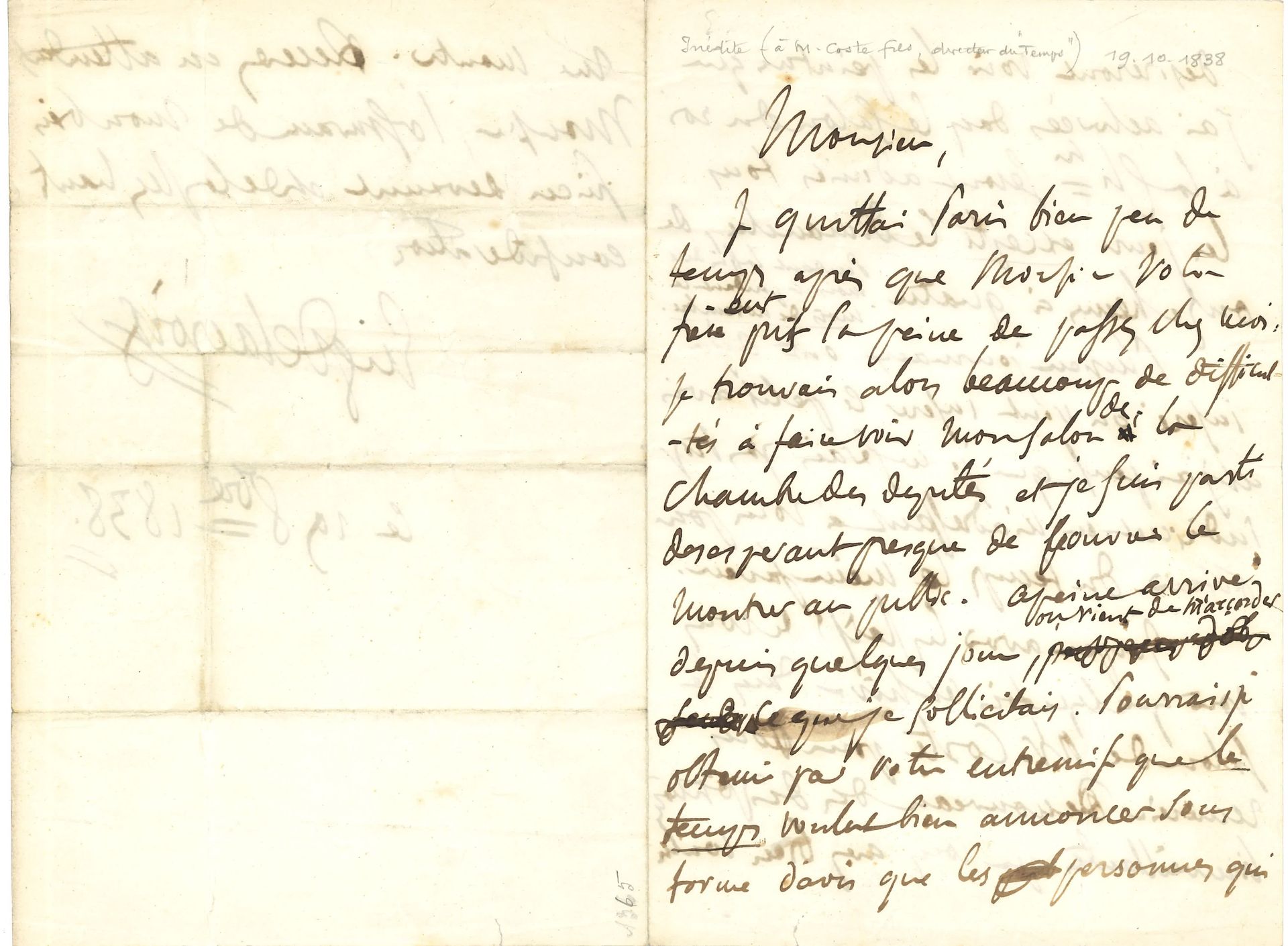 DELACROIX Eugène (1798-1863). L.A.S. «Eug. Delacroix», 19 octobre 1838, [à Raymo&hellip;
