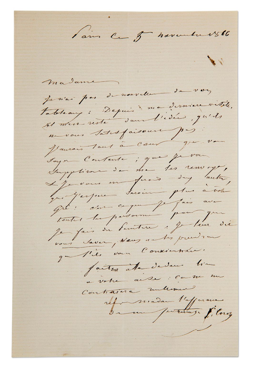 COROT CAMILLE (1796-1875). L.A.S., Paris 5 novembre 1866, [à Mme MORILLOT]; 1 pa&hellip;