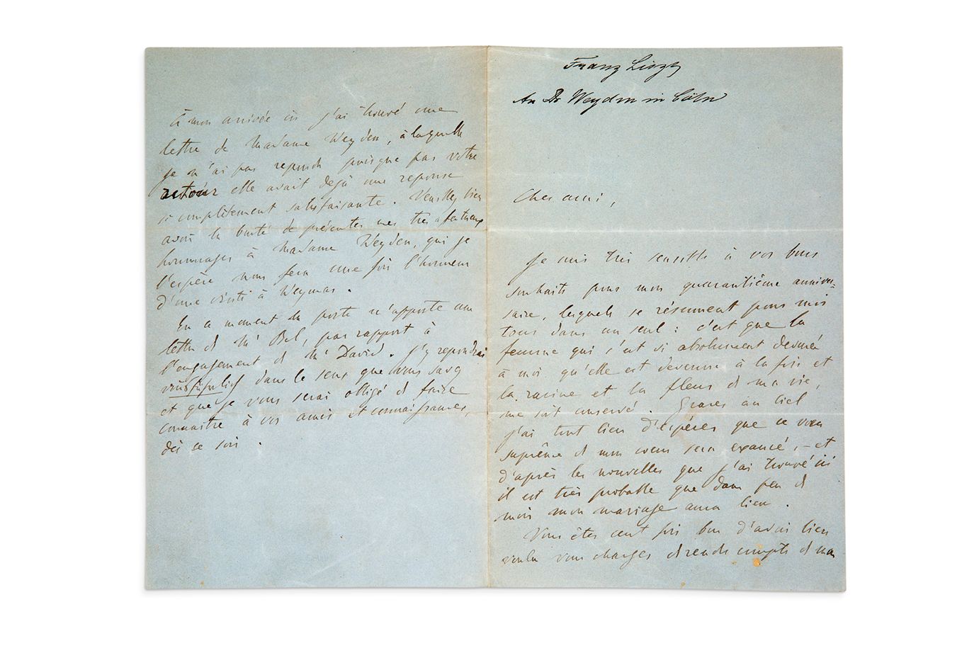 LISZT Franz (1811-1886) L.A.S. "F.李斯特"，1851年10月21日，给他的朋友恩斯特-
WEYDEN教授，科隆；4页8开，蓝纸&hellip;