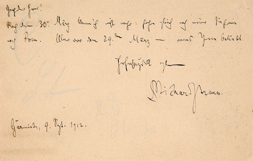 STRAUSS Richard (1864-1949) L.A.S. "Richard Strauss", Garmisch 9. September 1912&hellip;