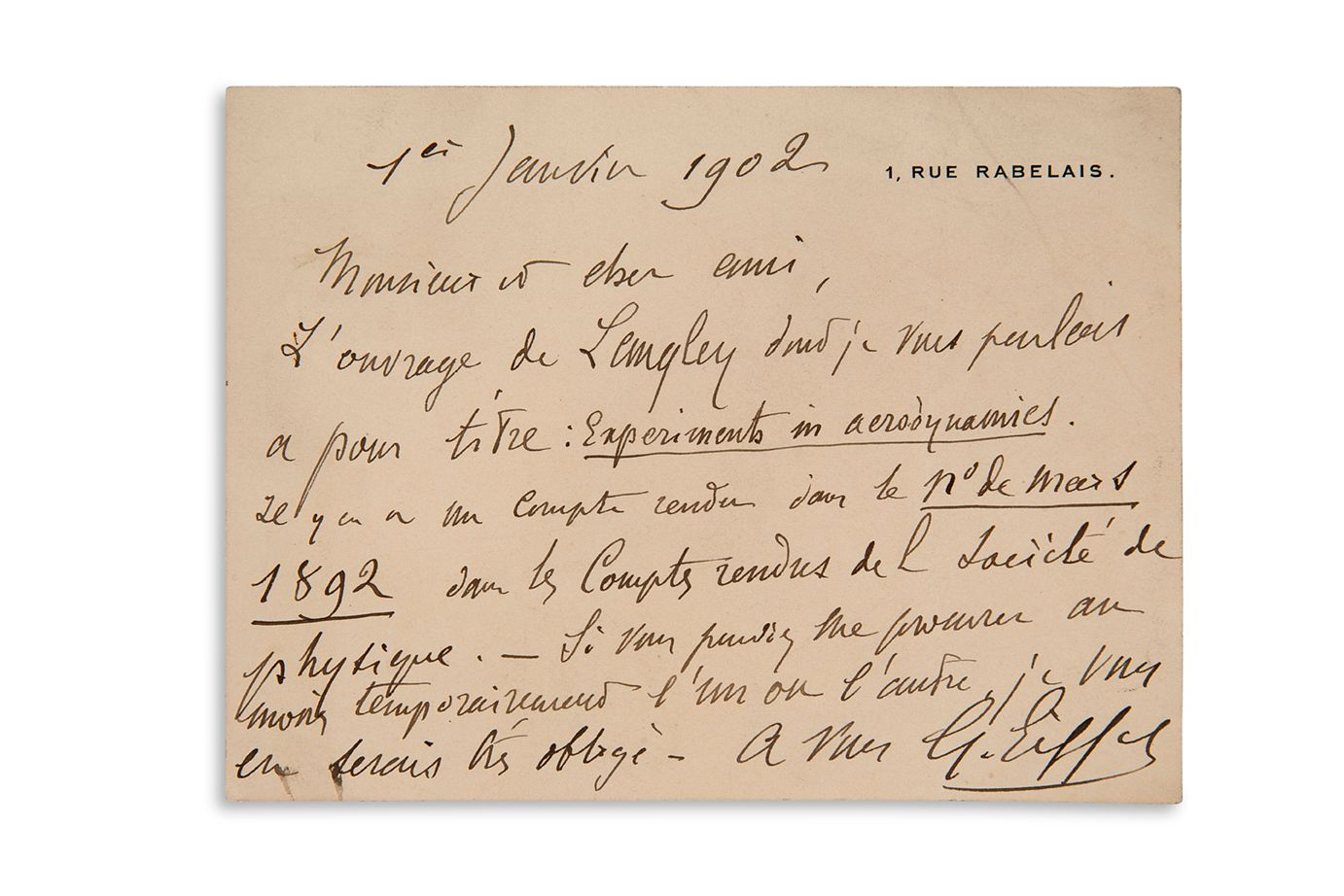 EIFFEL GUSTAVE (1832-1923) INGÉNIEUR. L.A.S. "G.埃菲尔"，1902年1月1日，给一个朋友；在他的地址上有1页长方&hellip;
