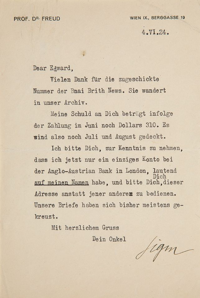 FREUD Sigmund (1856-1939) L.S. 'Sigm', Wien 1924年6月4日，给他的侄子爱德华；1页8开打字纸，印有他的信笺Pro&hellip;