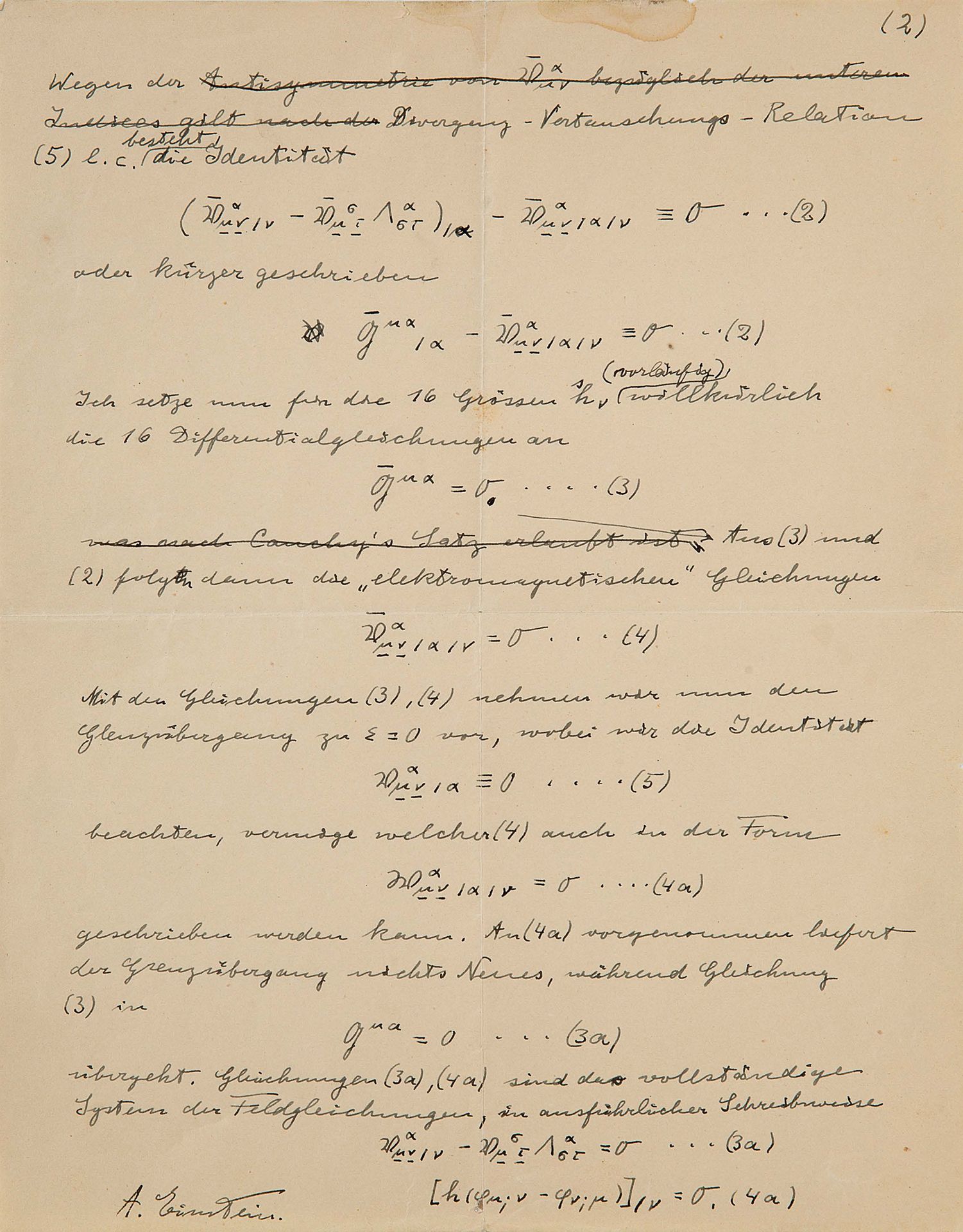 EINSTEIN Albert (1879-1955) 签署的亲笔手稿 "A.爱因斯坦"；1页in-4；德文。
物理学演示草稿，有九个方程式。
这一页，编号为(&hellip;