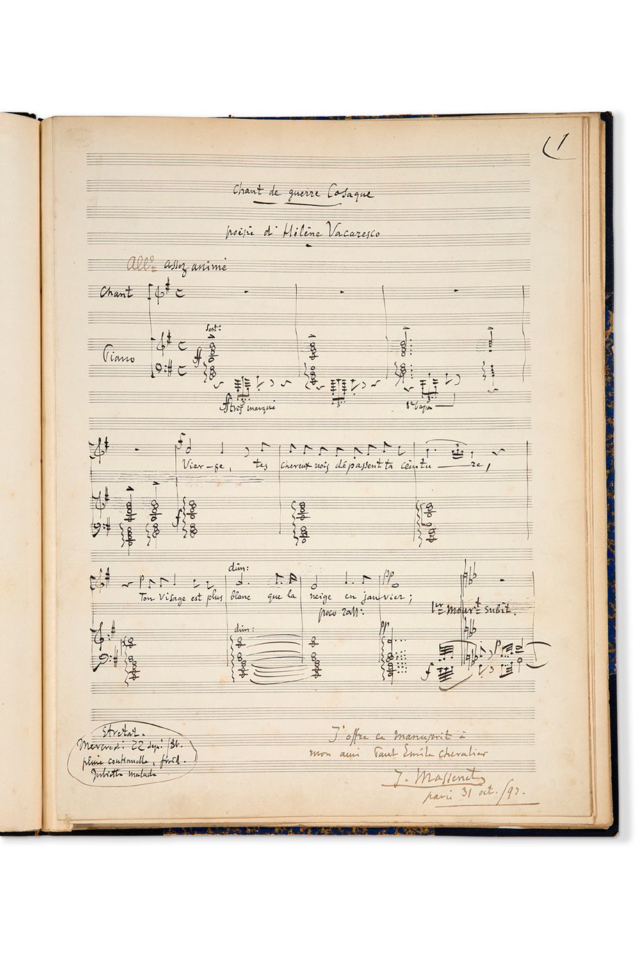 MASSENET Jules (1842-1912) MANUSCRIT MUSICAL autographe signé « J. Massenet », C&hellip;