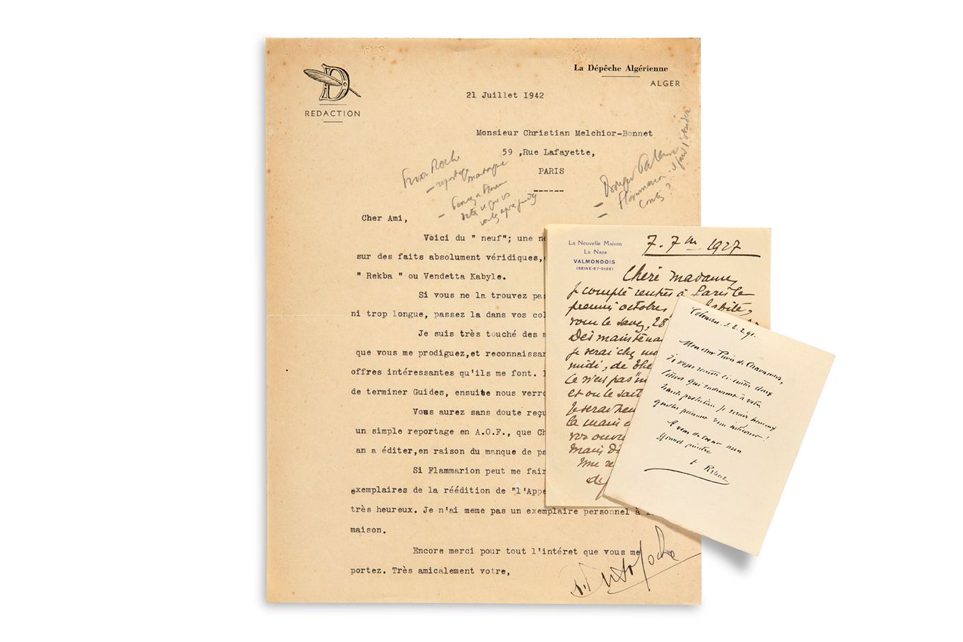 DIVERS. 2份L.A.S.和1份L.S.
Georges DUHAMEL（1927年9月7日在Valmondois给一位女士，在巴黎Vauquelin街的&hellip;