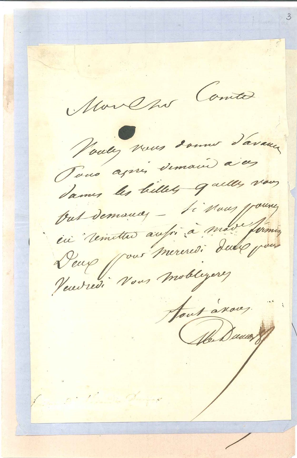 DUMAS père Alexandre (1802-1870) MANUSCRITO parcialmente autógrafo, Tres cartas &hellip;