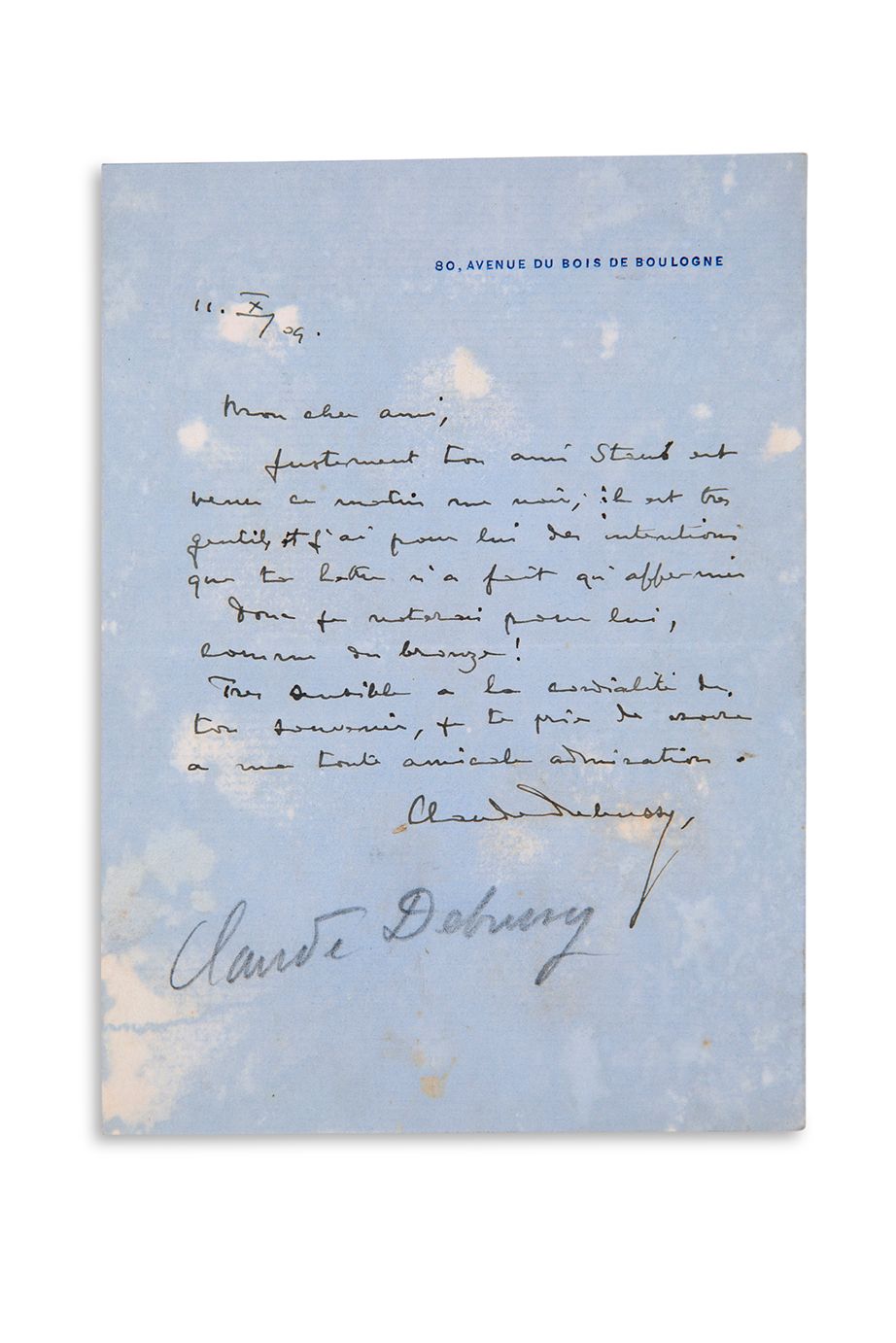 DEBUSSY Claude (1862-1918) L.A.S. « Claude Debussy », 80, avenue du Bois de Boul&hellip;