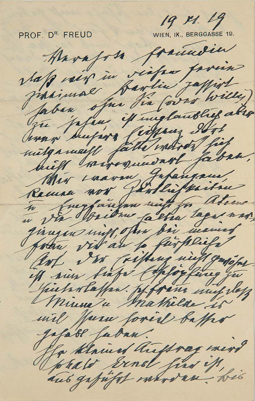 FREUD Sigmund (1856-1939) L.A.S. "Freud", Wien 19.XI.19,致朋友[萨拉-威赫夫人]；2页8开，印在她的信笺&hellip;