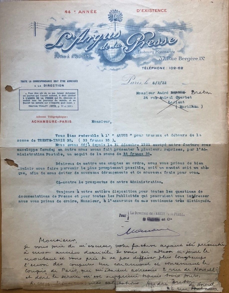 BRETON André (1896-1966) L.A.S. "安德烈-布勒东 "在给他的信之后，1922年；在L'Argus de la Presse的信纸&hellip;