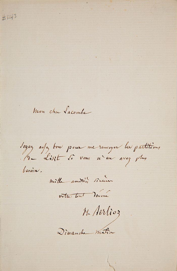 BERLIOZ Hector (1803-1869) L.A.S. "H.柏辽兹"，周日上午，致钢琴家路易斯-拉科姆贝；在1页8页中（下边缘有小裂缝）。
"如果&hellip;