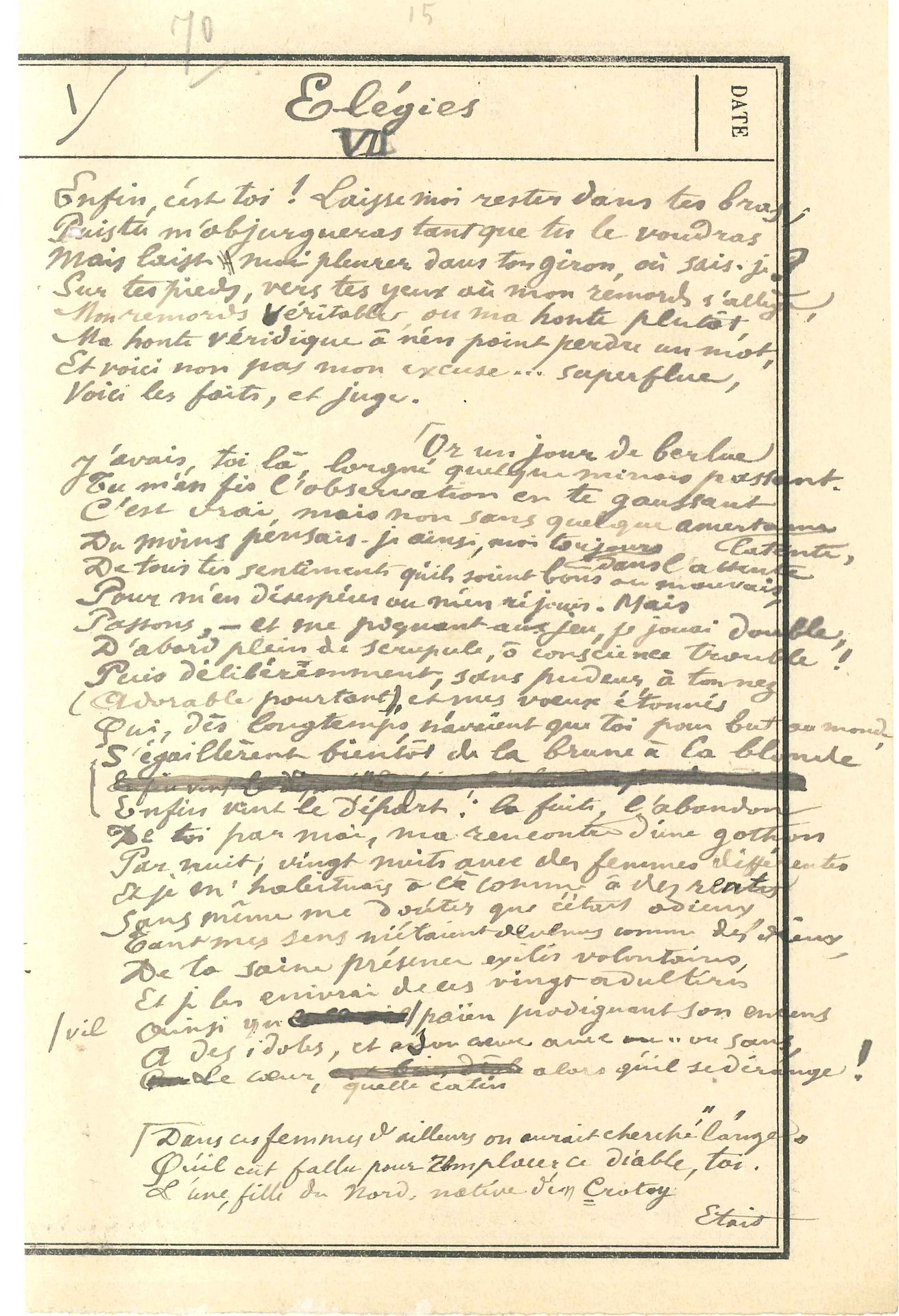 VERLAINE PAUL (1844-1896) Poema autógrafo firmado "Paul Verlaine", Élégies VII, &hellip;
