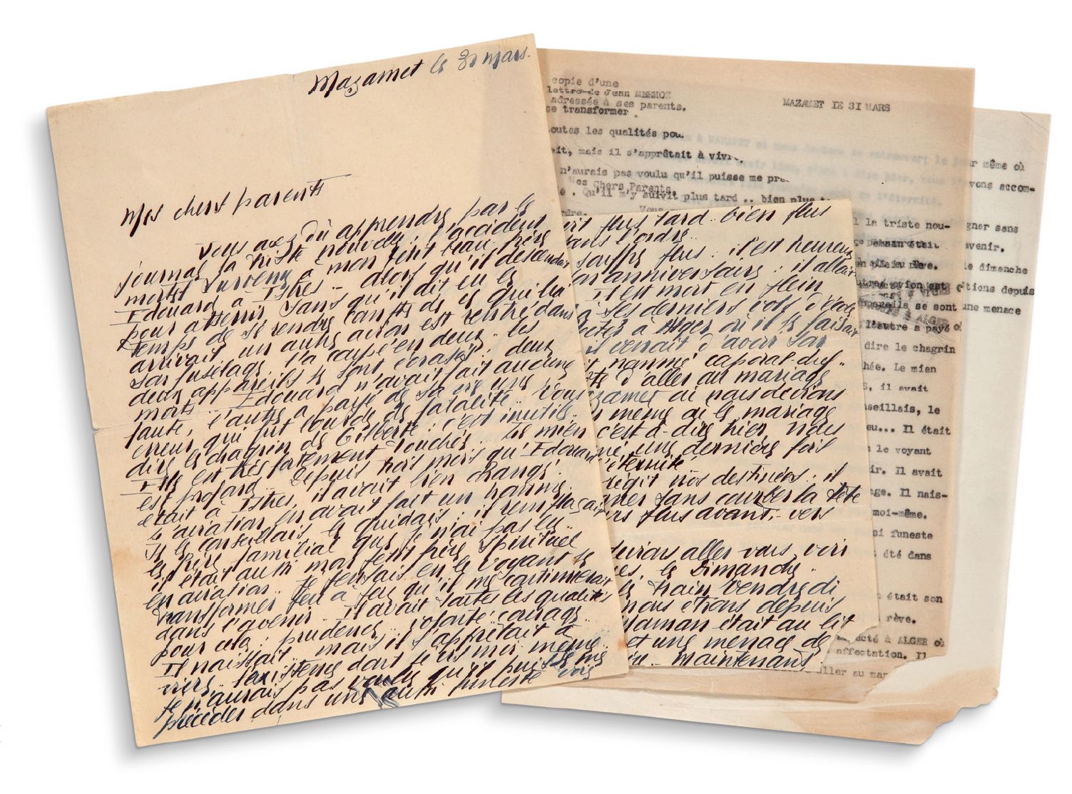 MERMOZ JEAN (1901-1936) Beautiful autograph letter from Jean Mermoz, Mazamet Mar&hellip;