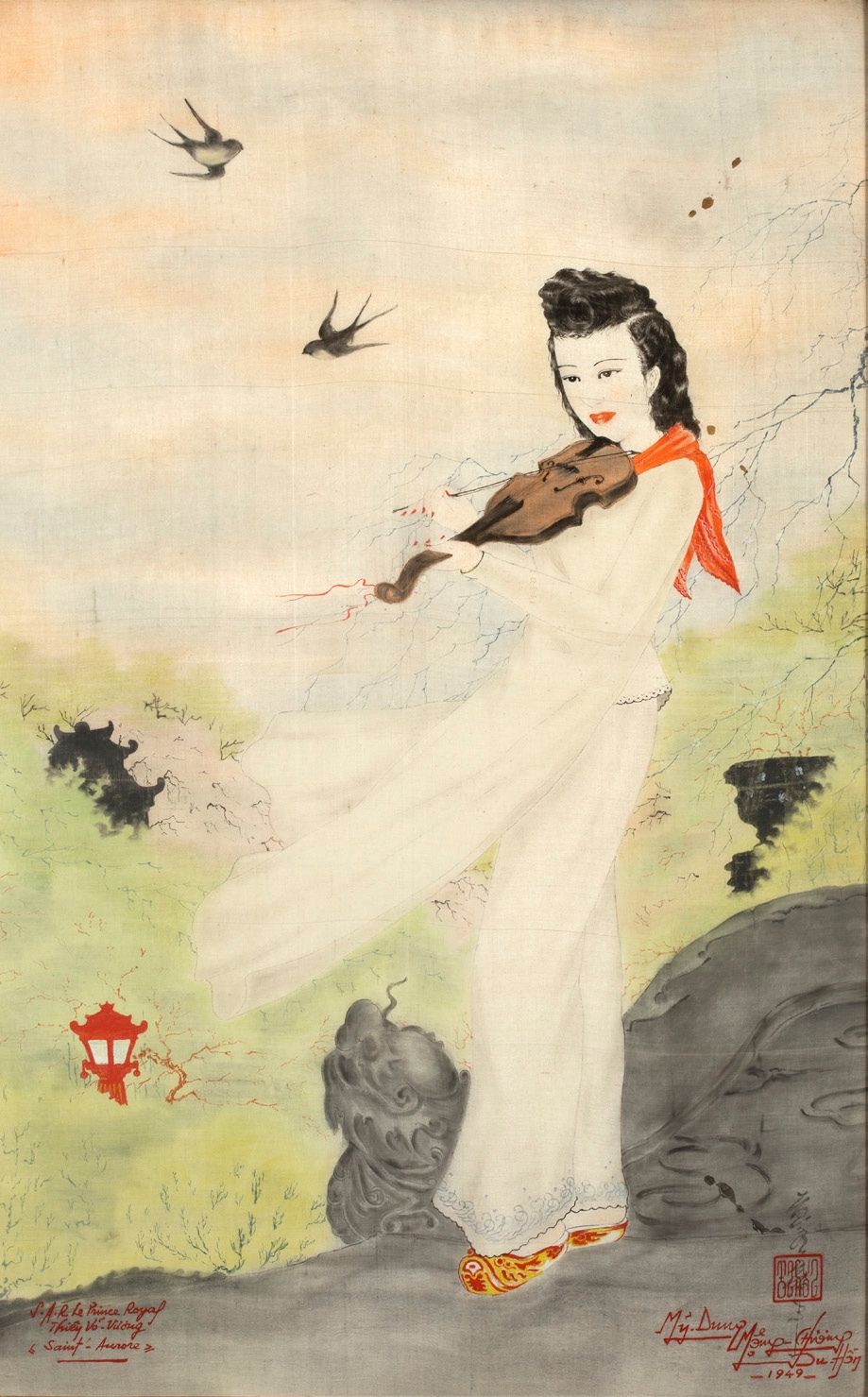 ECOLE VIETNAMIENNE du XXe siècle 
年轻音乐家与燕子，1949年

丝绸上的水墨和色彩，左下角有签名，右下角有日期 

68.5&hellip;