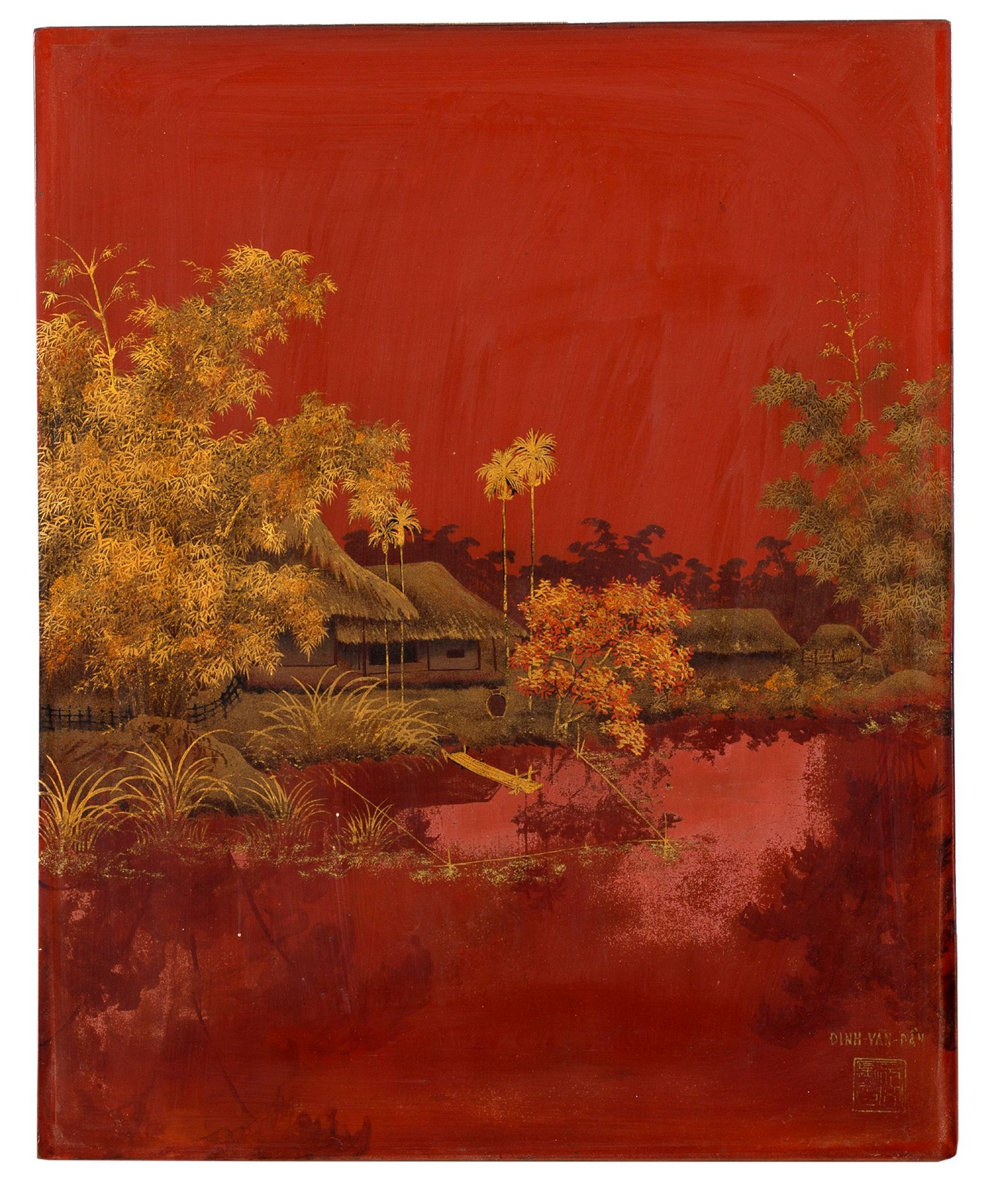 DINH VAN DAN (XX) 
水边的村庄

红底漆器和金色亮点，右下角有签名

35 x 28.5 cm - 13 3/4 x 11 1/4 in.