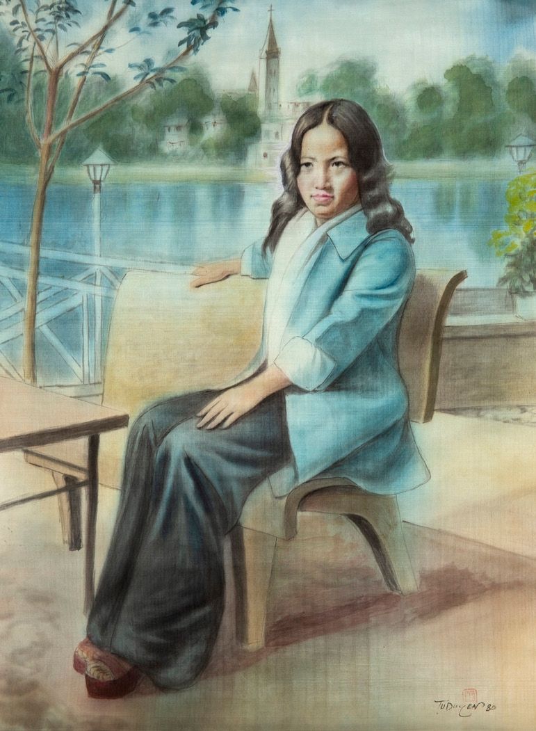 TU DUYEN (1915-2012) 
Femme sur un banc, 1980

Ink and color on silk, signed low&hellip;