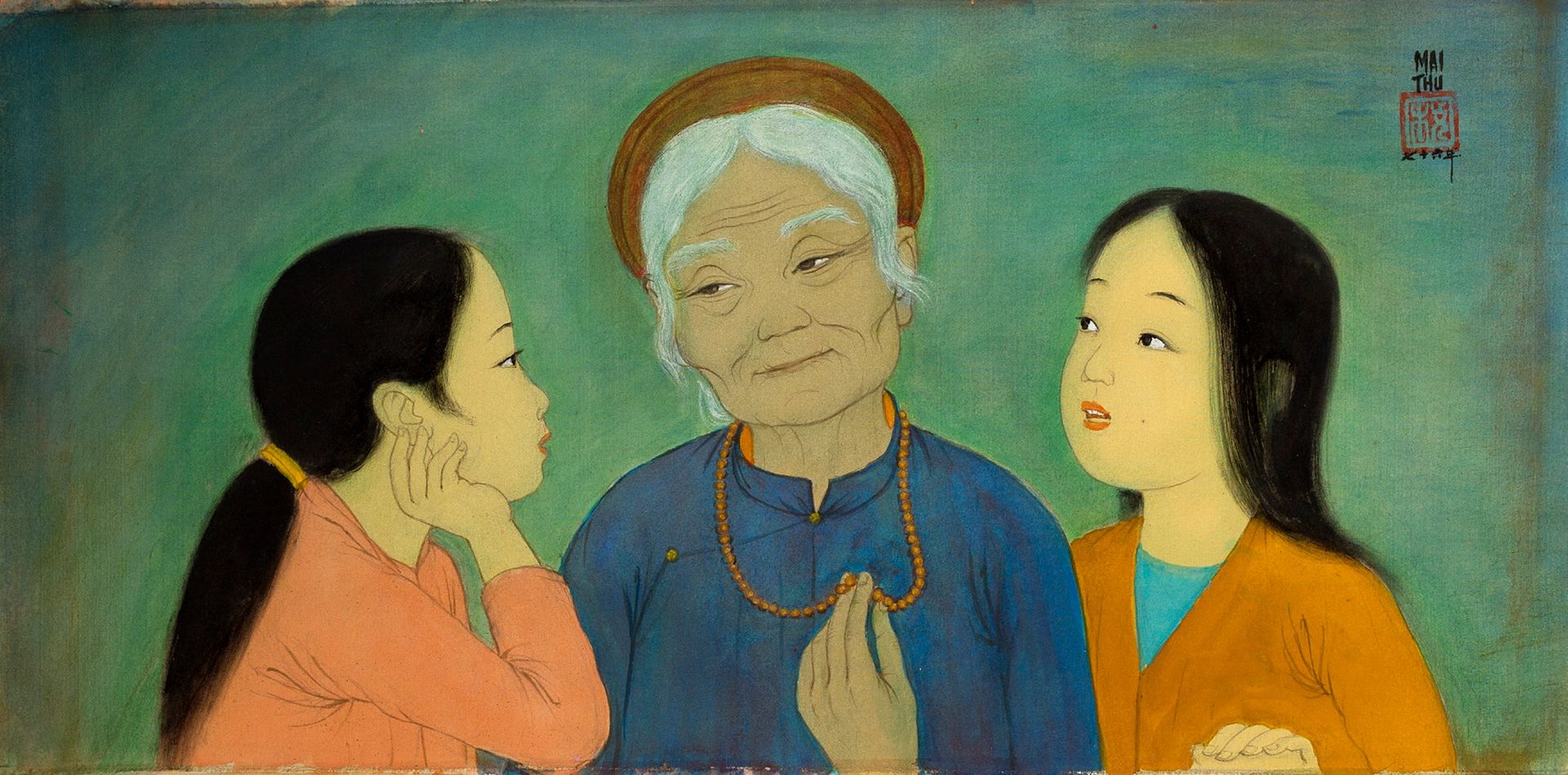 MAI trung THU (1906-1980) 
祖母，1976年

丝绸上的水墨和色彩，右上角有签名和日期，背面有标题在艺术家制作的原框中

22 x 4&hellip;