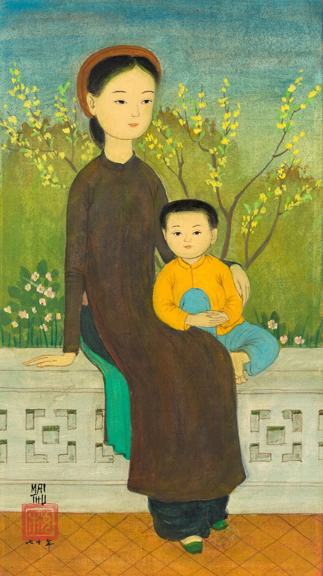 MAI trung THU (1906-1980) 
阳台上的母亲和孩子，1970年



丝绸上的水墨和色彩，左下角有签名和日期，背面有标题和注释XII 70&hellip;