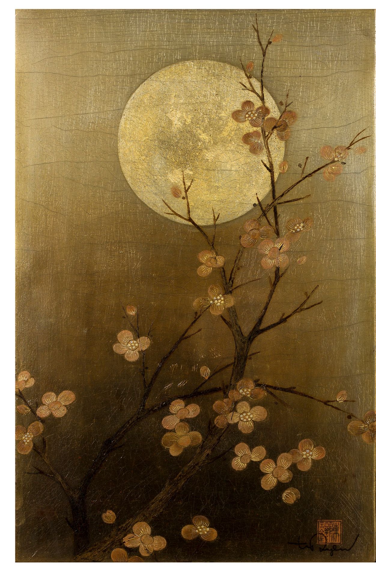 TRAN PHUC DUYEN (1923-1993) 
月圆之夜的樱花枝头

漆器和金色亮点，右下方有签名

46 x 29.6 cm - 18 1/8 x &hellip;