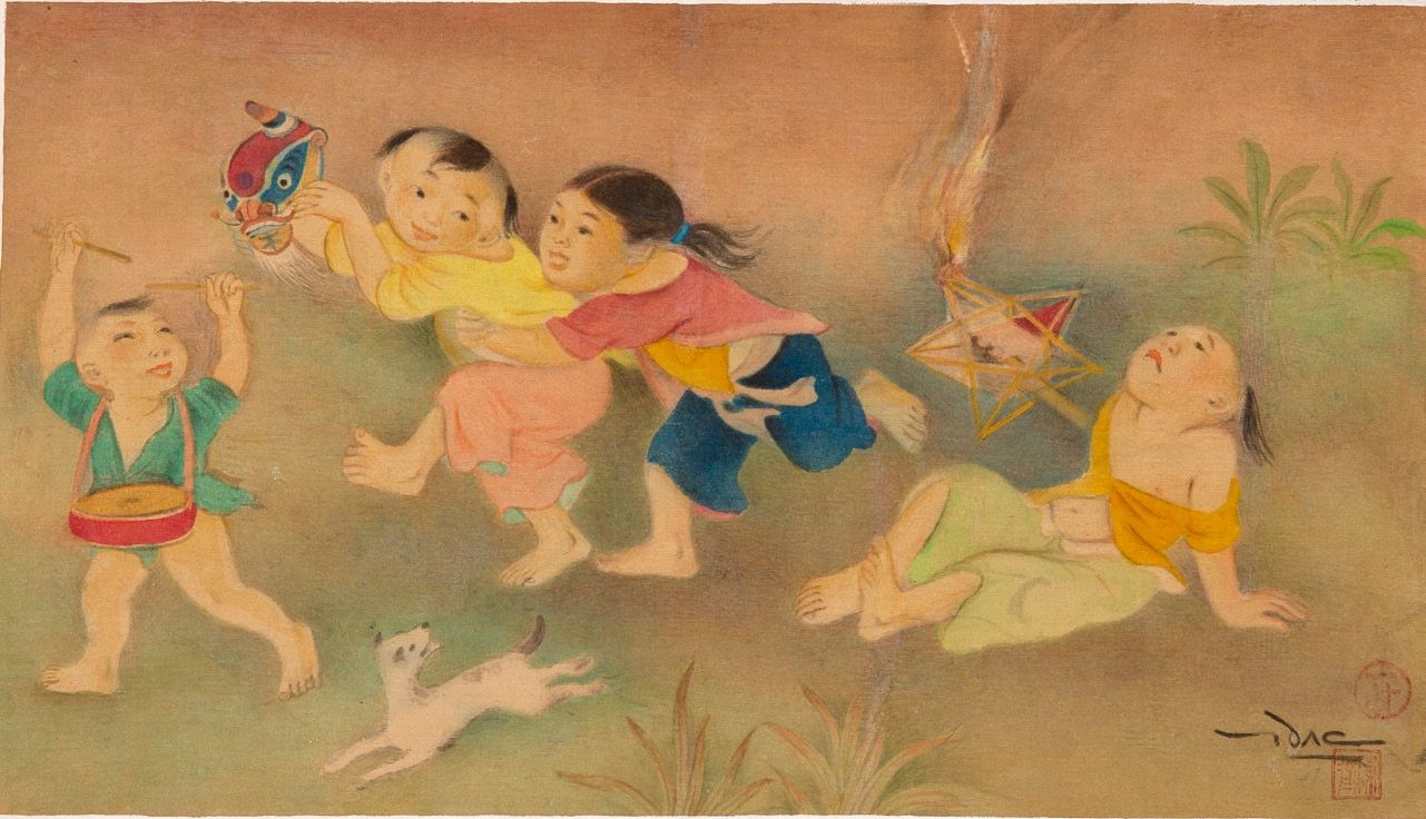 TRAN DAC (NÉ EN 1922) 
孩子们在玩耍

丝绸上的水墨和色彩，右下方有签名 

20.1 x 35.3 cm - 7 7/8 x 13 7/&hellip;